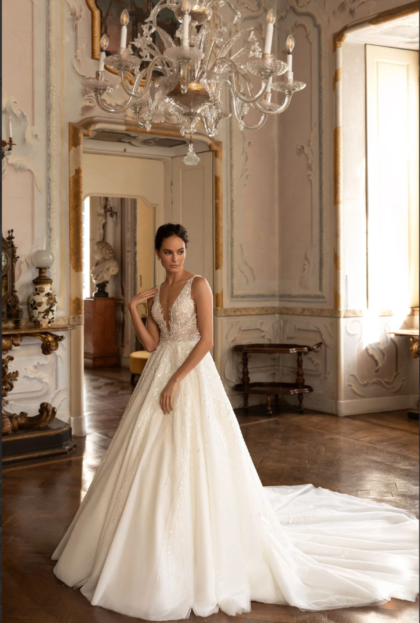 Ernesta 3284 A-Line Wedding Dress – Glitter Lace Gown with Double V-Neckline & Flowing Skirt